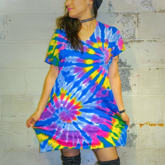 Cross Dude Tie Die Dresses & Skirts - Rainbow Spiral Tie-Dye T-Shirt Dress - Pink/Blue - LG/XL by Cross Dude Tie Dye